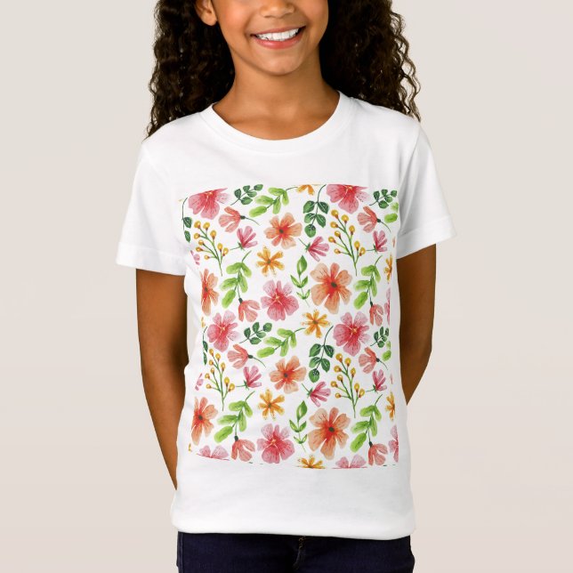 Camiseta Padrão de Flores Rosa em Aquarela (Frente)