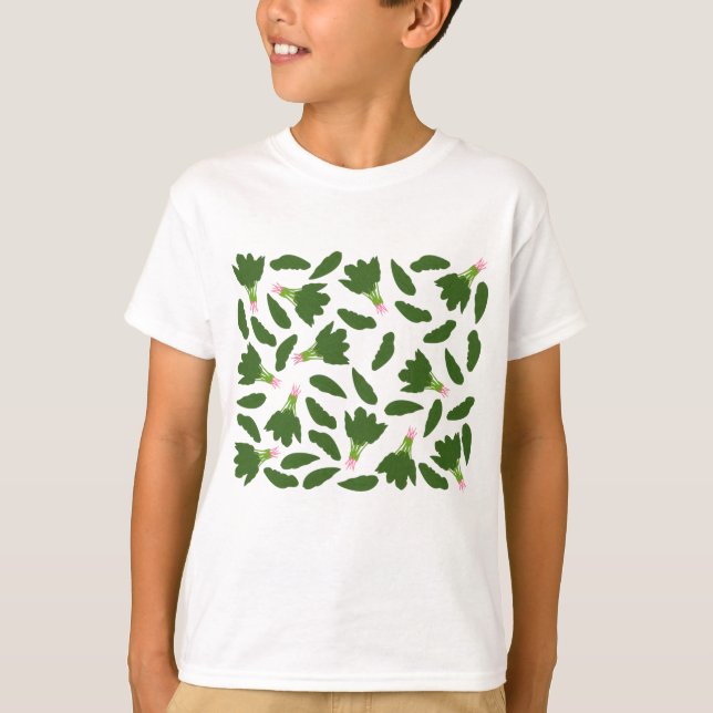 Camiseta Padrão de Folhas de Espinafre Verde (Frente)