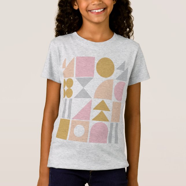 Camiseta Padrão de Formas Geométricas no Pink Pastel e Dour (Frente)