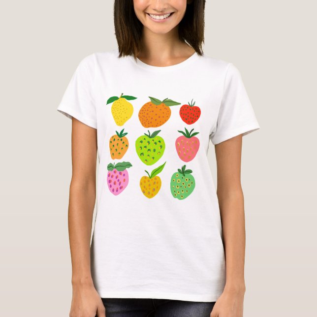 Camiseta Padrão de fruta colorido (Frente)