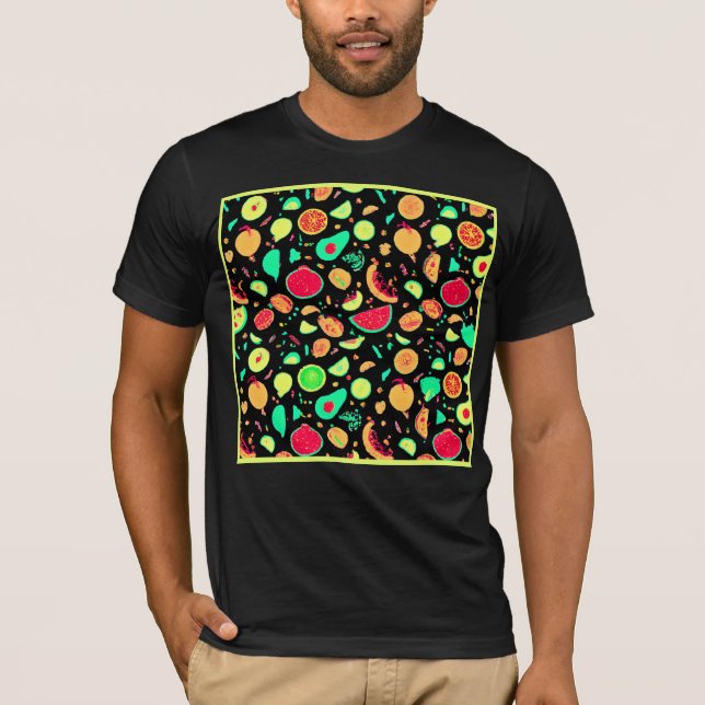 Camiseta Padrão de Frutas Neon Vibrante (Frente)