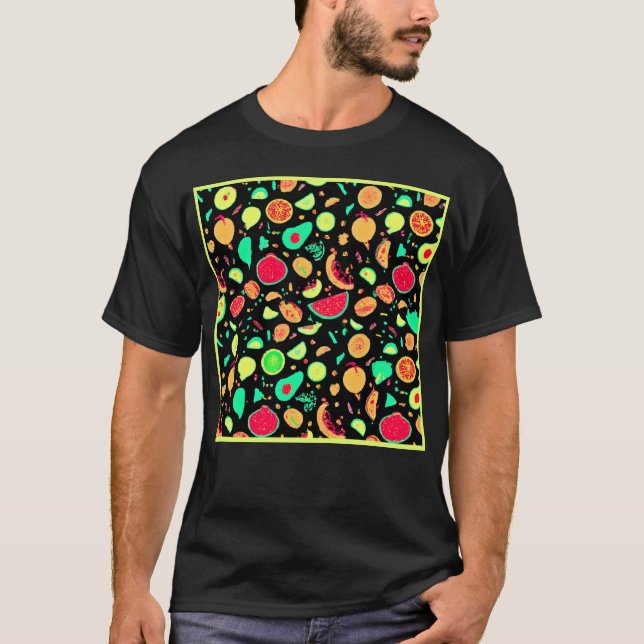 Camiseta Padrão de Frutas Neon Vibrante (Frente)