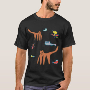 Camiseta Padrão de Gato & Peixe Divertido