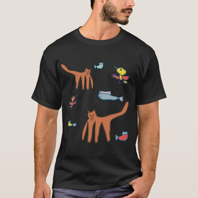 Camiseta Padrão de Gato & Peixe Divertido (Frente)