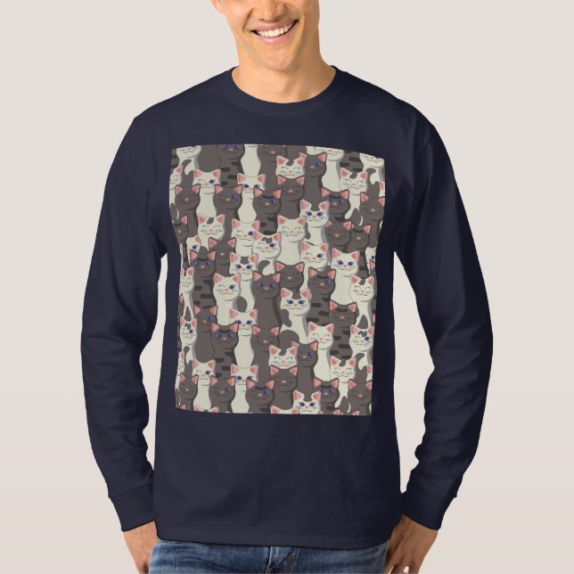 Camiseta Padrão de gatos brancos e cinzas (Frente)