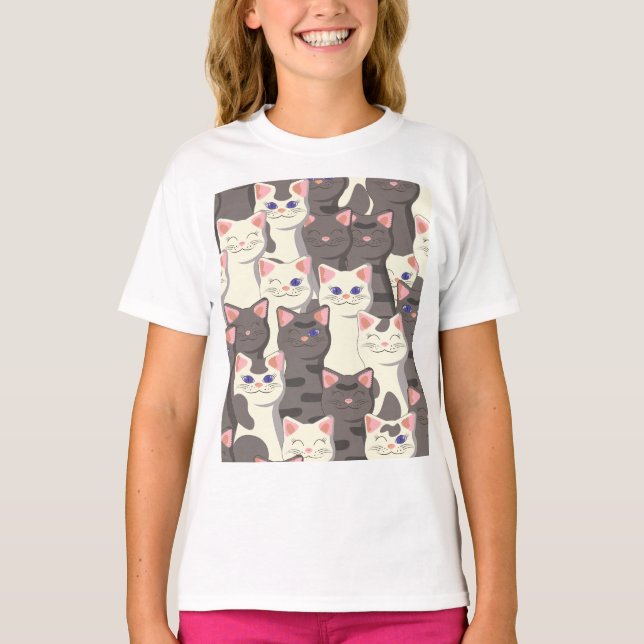 Camiseta Padrão de gatos brancos e cinzas (Frente)