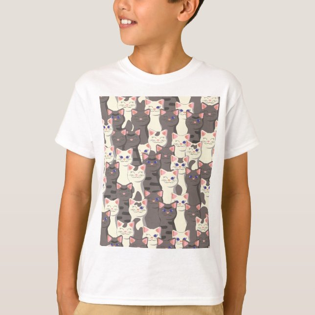 Camiseta Padrão de gatos brancos e cinzas (Frente)