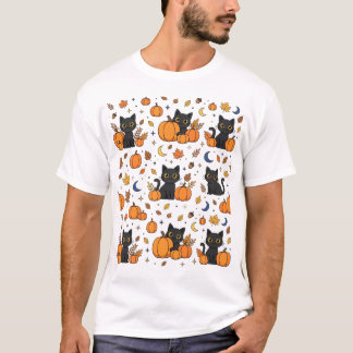 Camiseta Padrão de Halloween do Pomar de Abóboras dos Gatos