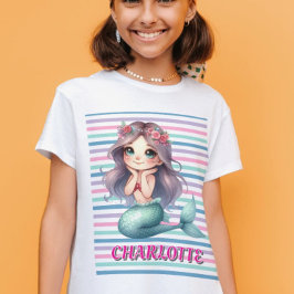 Camiseta Padrão de listras de sereia rosa personalizado 