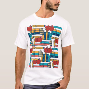 Camiseta Padrão de Maçãs de Professor Retro Livros Lápis
