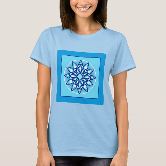 Camiseta Padrão de mandala em turquesa, cobalto e branco (Frente)
