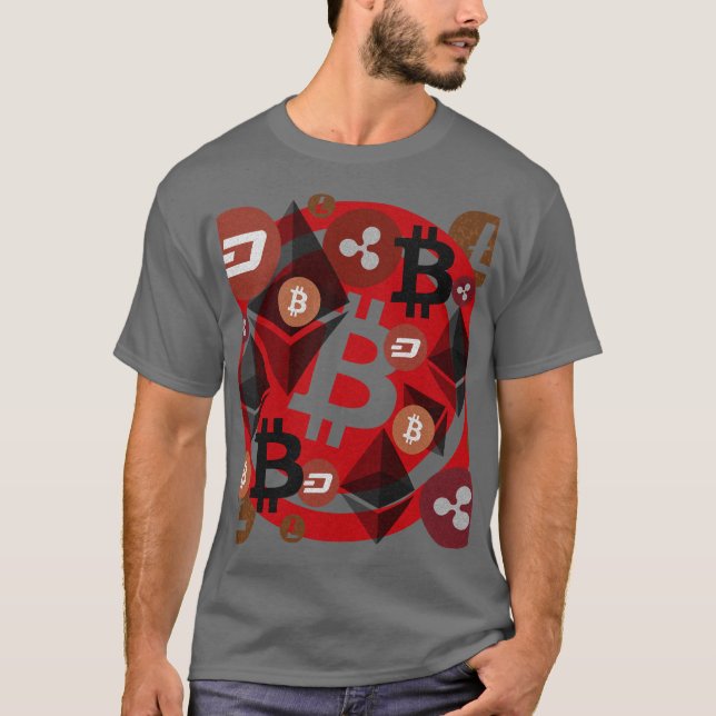 Camiseta Padrão de Moeda Negra Vermelha Cryptocurrency (Frente)