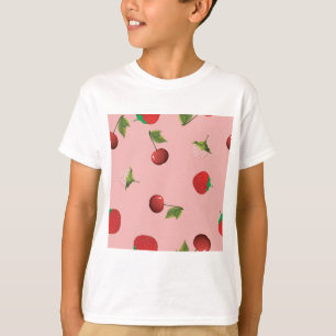 Camiseta Padrão de Morango Vermelho e Cereja Fruta Rosa