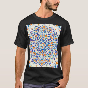 Camiseta Padrão de Ornamento Azul Laranja de Luxo