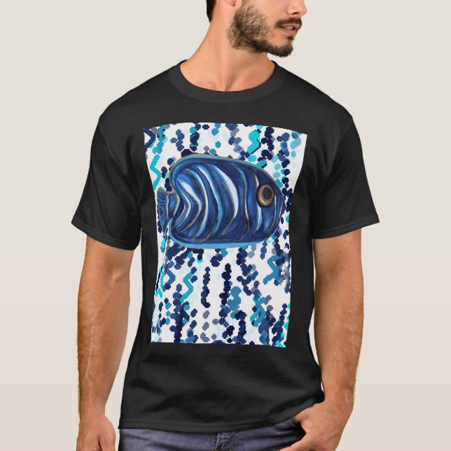 Camiseta Padrão de Peixe-Anjo com Listras Azuis (Frente)
