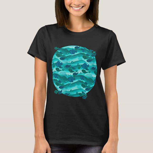 Camiseta Padrão de Peixes Ondas Turquesa (Frente)