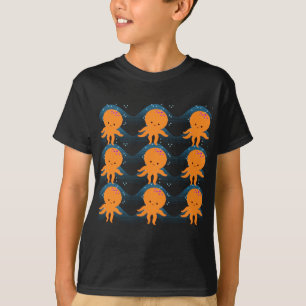 Camiseta Padrão De Polvo Laranja E Ondas Azuis