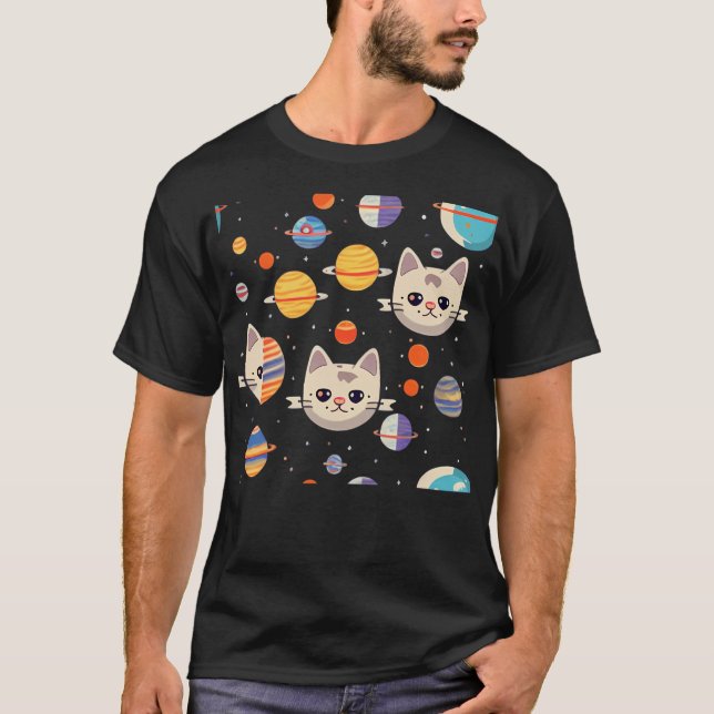 Camiseta Padrão De Rostos De Gatos No Espaço (Frente)
