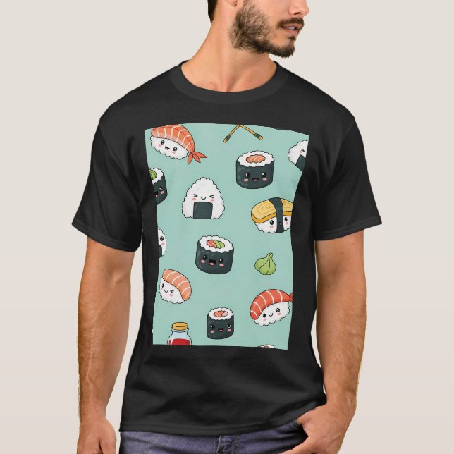 Camiseta Padrão de Sushi Kawaii (Frente)