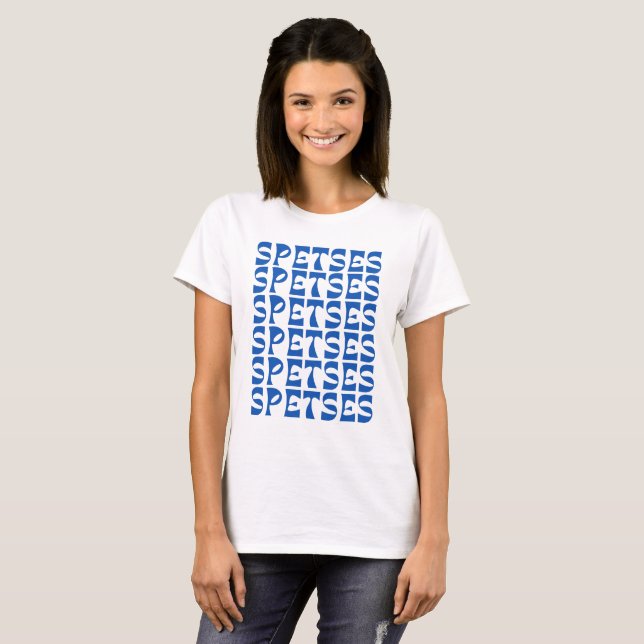 Camiseta Padrão de texto azul SPETSES (Frente Completa)