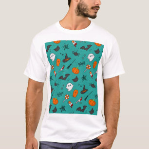 Camiseta Padrão de Turquesa de Halloween de estilo plano.