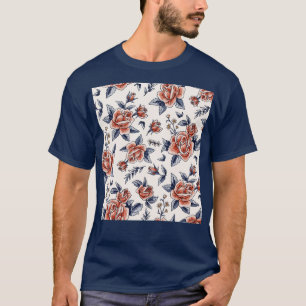 Camiseta Padrão de Verão de Primavera Floral Flor Rosa da V