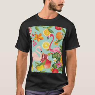 Camiseta Padrão de Vintage do Flamingo Fruta Tropical