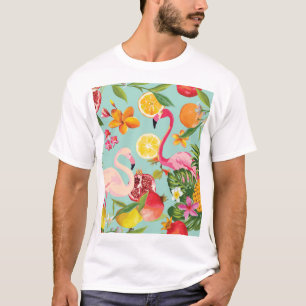 Camiseta Padrão de Vintage do Flamingo Fruta Tropical