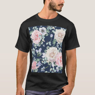 Camiseta Padrão de Vintagem Azul de Rosas Botânicos.