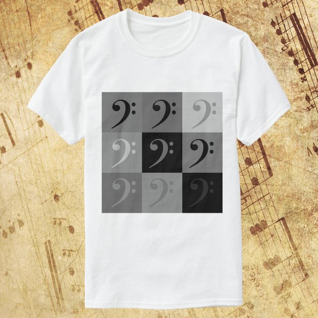 Camiseta Padrão deClave de Fá em Preto e Cinza (A shirt with a black and gray pattern of bass clef)