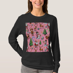 Camiseta Padrão Decorativo de Natal com Fundo Rosa