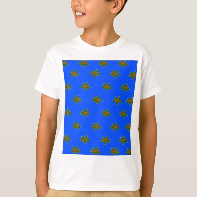 Camiseta Padrão decorativo de Natal Holly em azul (Frente)