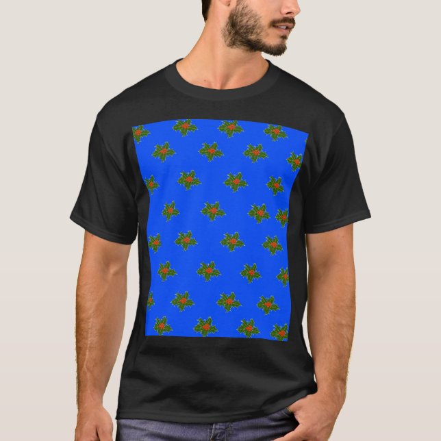 Camiseta Padrão decorativo de Natal Holly em azul (Frente)