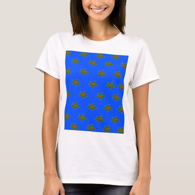 Camiseta Padrão decorativo de Natal Holly em azul (Frente)