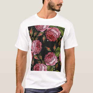 Camiseta Padrão do bordado da Rosa vermelha de vinheta