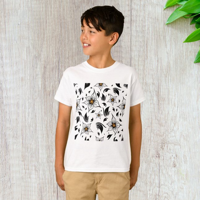 Camiseta Padrão Floral Branco e Preto Botânico Elegante (Criador carregado)