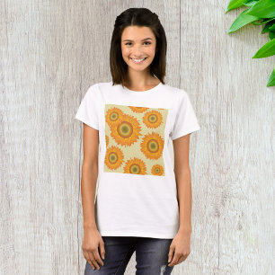 Camiseta Padrão Floral de Girassol Amarelo Retro dos Anos 7