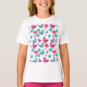 Camiseta Padrão Floral de Pato Fofo Kawaii Rosa Azul