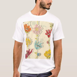 Camiseta Padrão Floral Sem Costura Desenhado À Mão