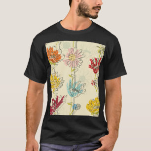 Camiseta Padrão Floral Sem Costura Desenhado À Mão