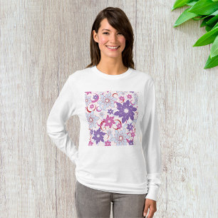 Camiseta Padrão Floral Vibrante Flores Azuis Rosa Púrpura
