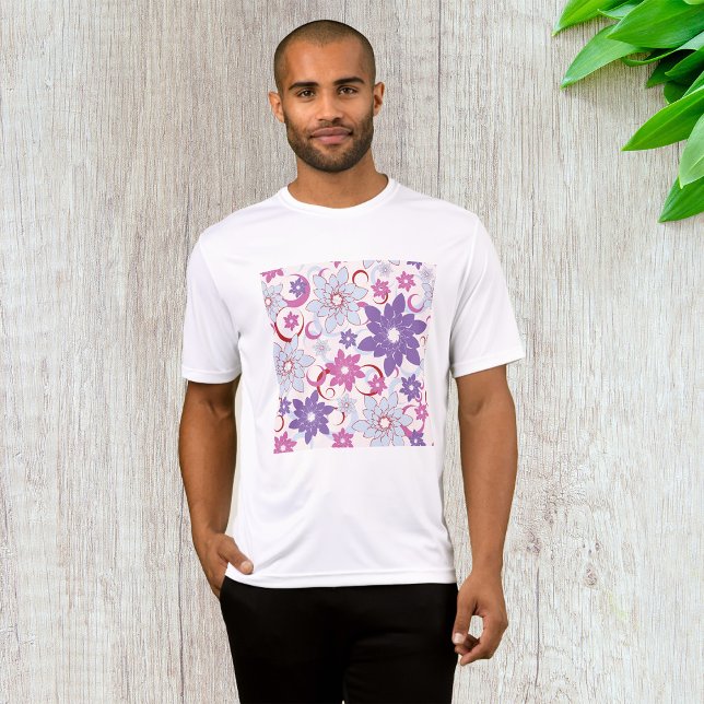 Camiseta Padrão Floral Vibrante Flores Azuis Rosa Púrpura (Criador carregado)
