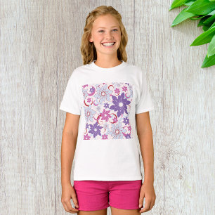 Camiseta Padrão Floral Vibrante Flores Azuis Rosa Púrpura