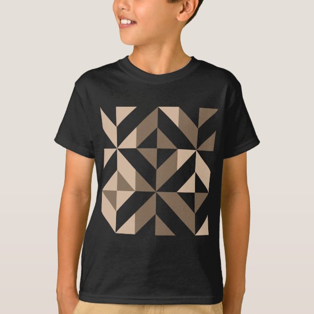 Camiseta Padrão Geométrico do Cubo Castanho Beige (Frente)