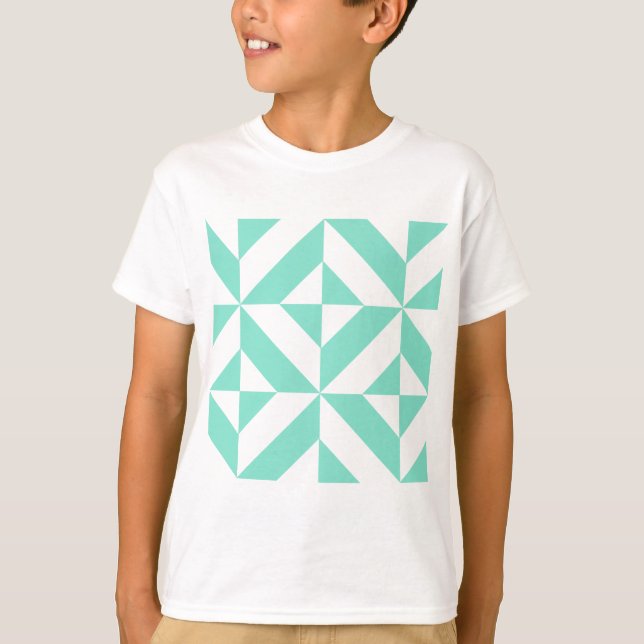 Camiseta Padrão Geométrico do Deco Cubo Seafoam Green (Frente)