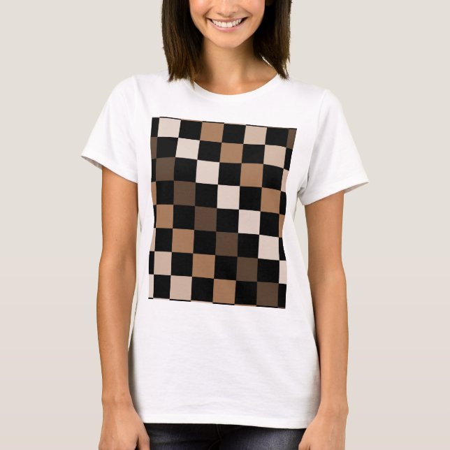 Camiseta Padrão Gingham Preto-Castanho Verificado (Frente)