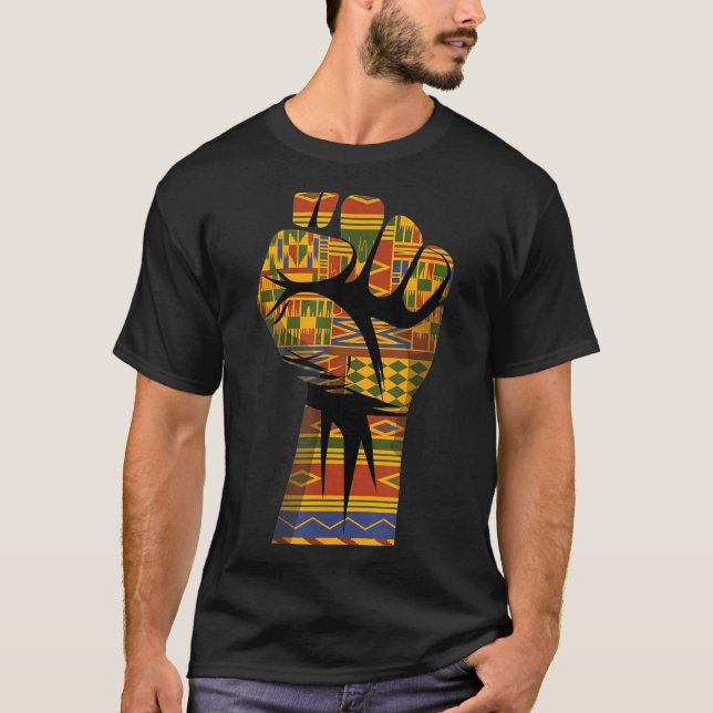 Camiseta padrão kente africano punho erguido poder negro (Frente)