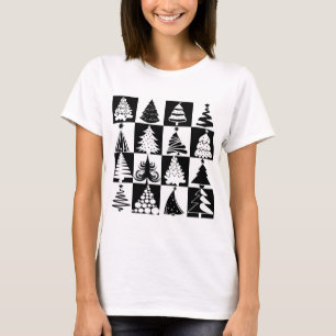 Camiseta Padrão Moderno de Árvore de Natal Preto e Branco