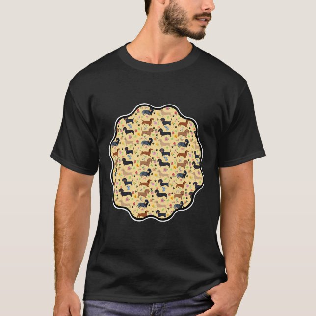 Camiseta Padrão primavera Dachshund Com Flores (Frente)