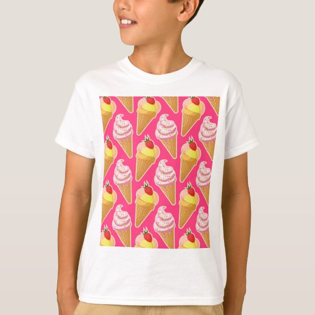 Camiseta Padrão rosa de Kawaii com sorvete de morango (Frente)